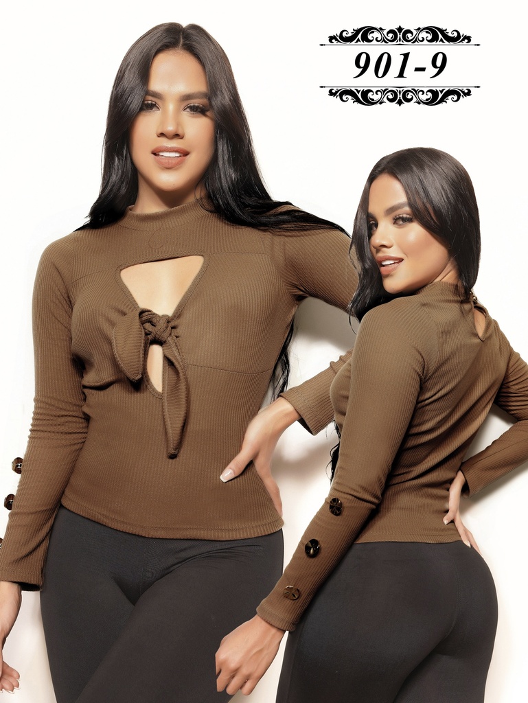 Blusa con Lazo y Abertura Manga Larga Café para Mujer 901-9