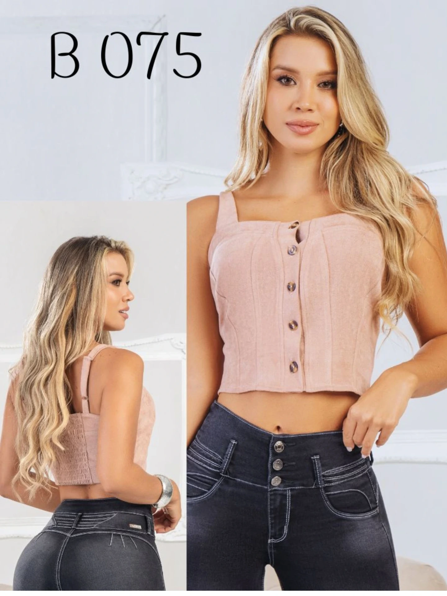 Women's Blush Pink Button-Front Crop Top B075