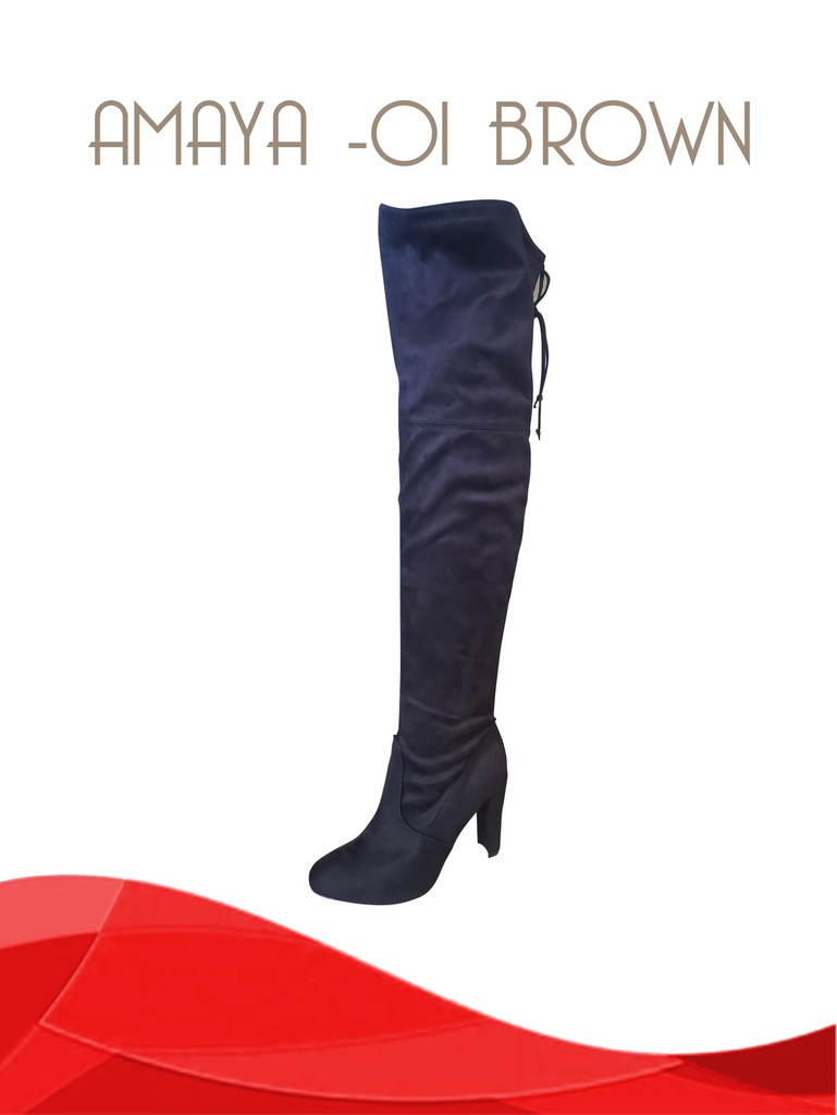 Botas Hasta el Muslo con Cordón y Tacón Grueso Café para Mujer Amaya-01 Brown