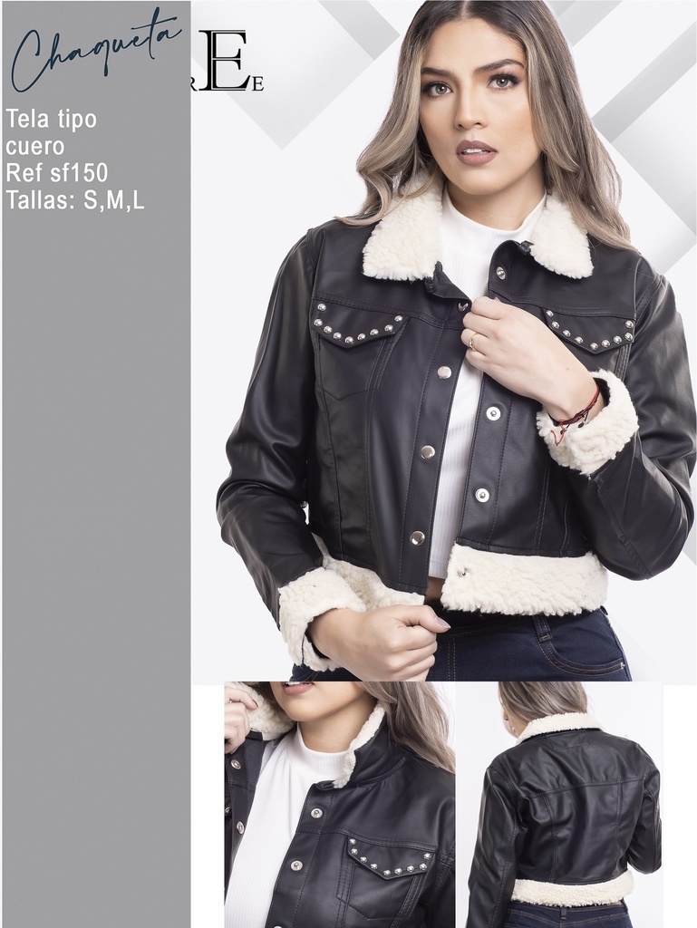 Women's Black Faux Leather Sherpa Collar Jacket 321SF150