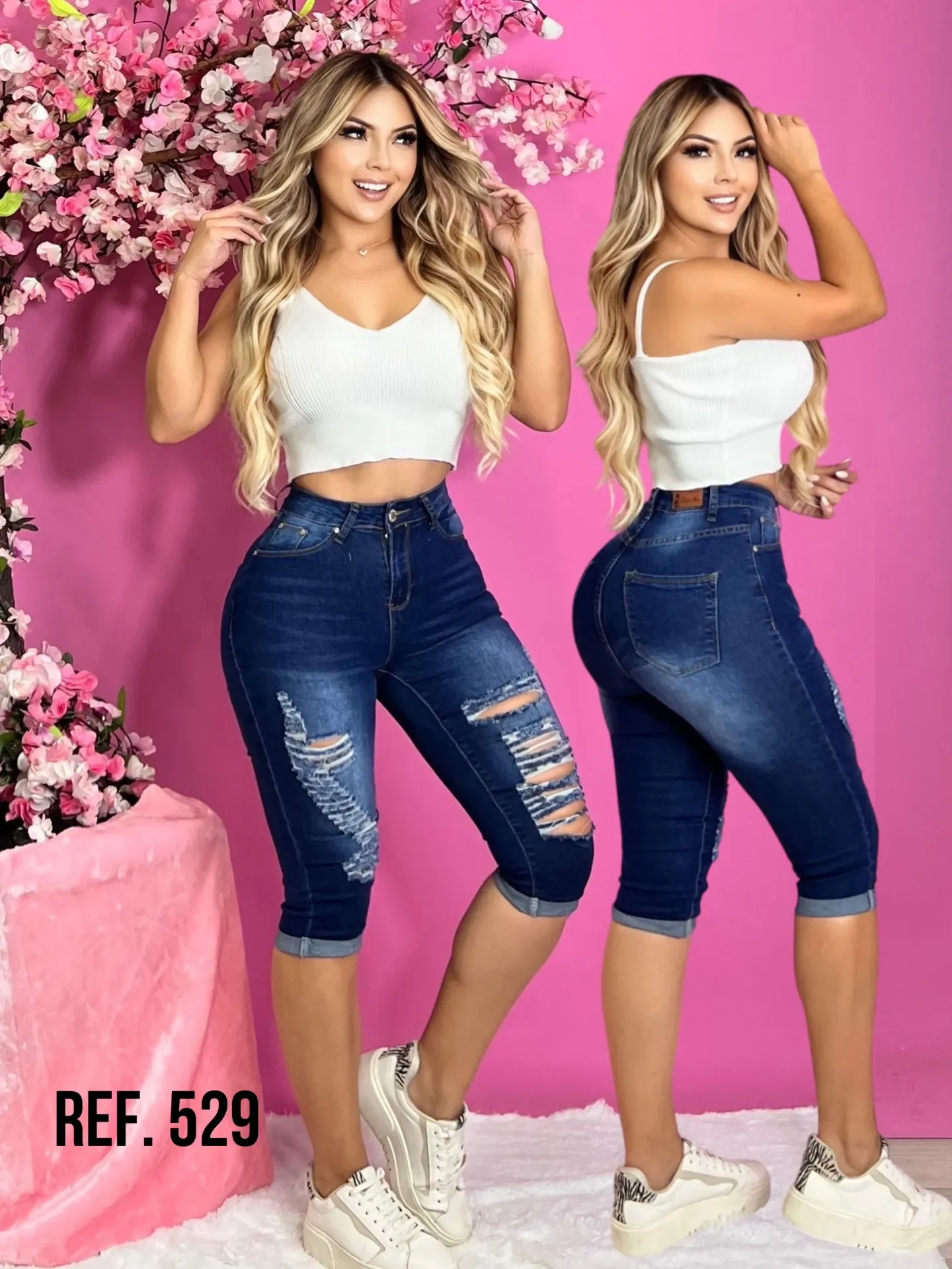 Women's Dark Wash Distressed Ripped Butt Lift Capri Jeans 529