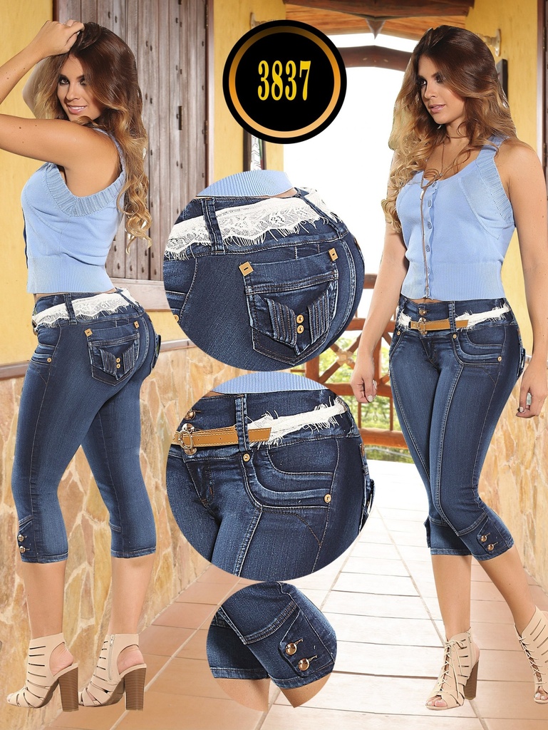 Capri Jean Levantacola Azul Marino Oscuro con Bolsillos Decorados – Cokette