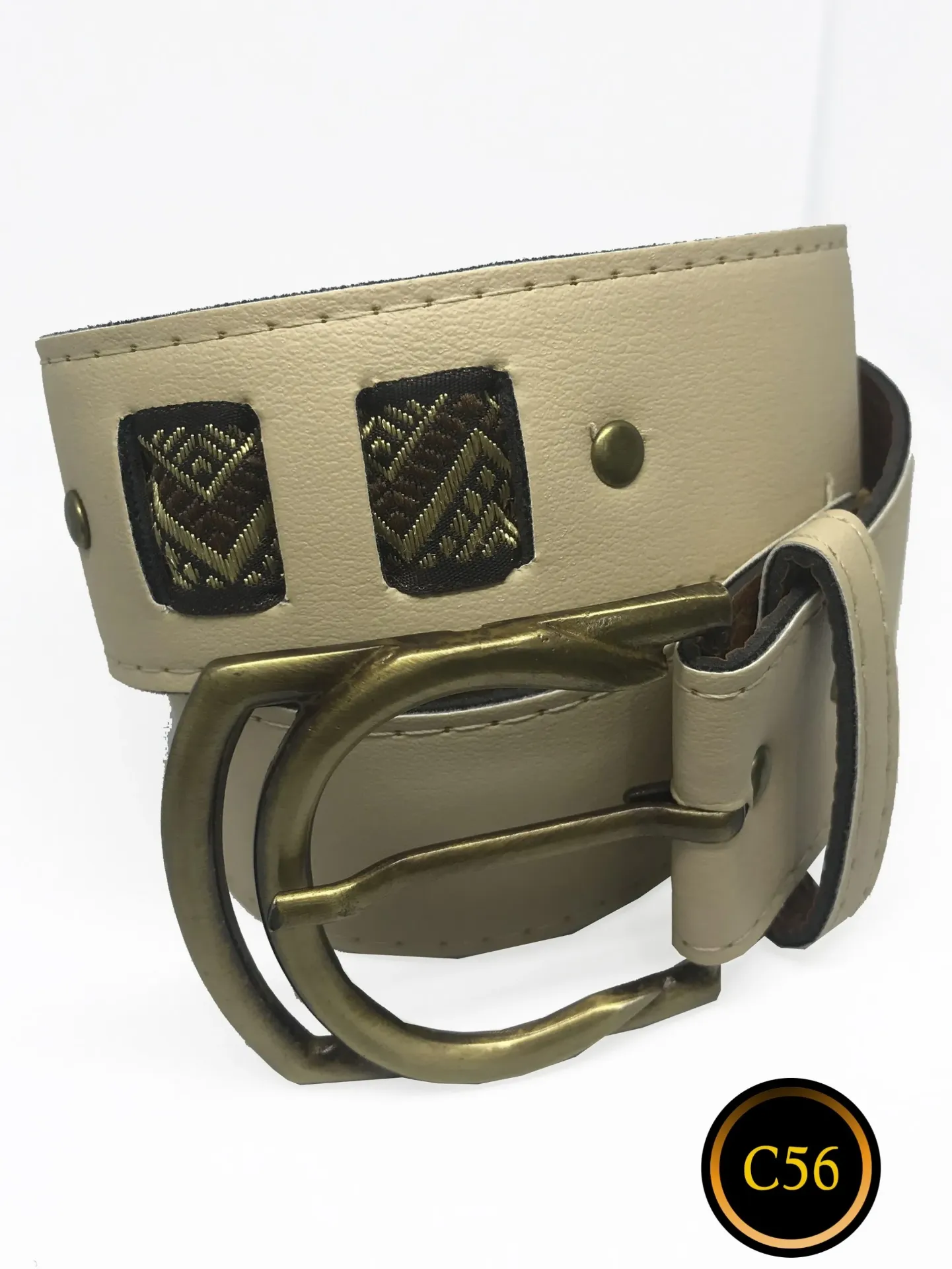 [258c56] Women's Beige Studded Leather Belt with Antique Brass Buckle – C56