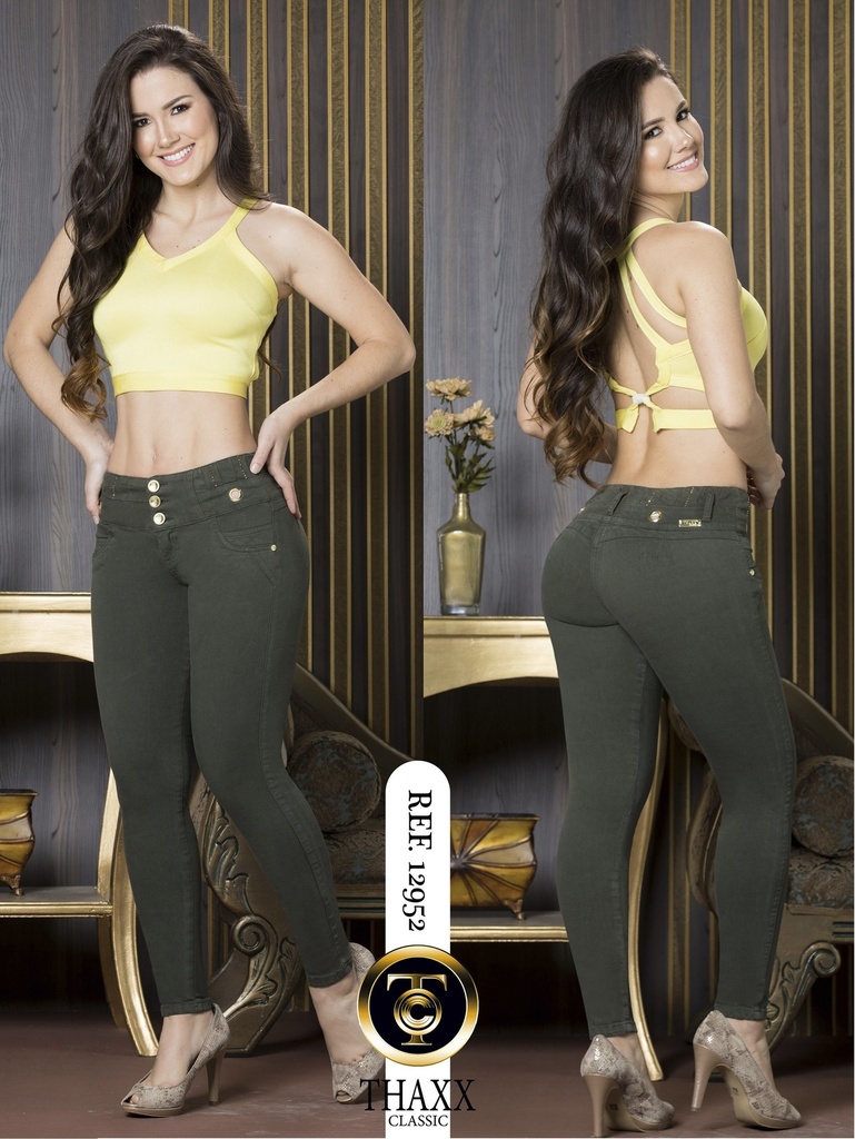 [20012952TC05] Women's Olive Green Skinny Butt Lift High-Rise Jeans