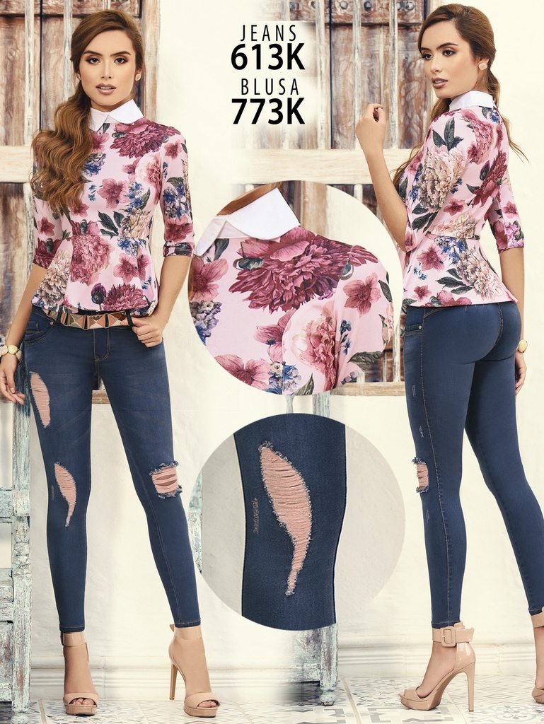 Blusa Peplum Floral Rosada con Cuello Blanco