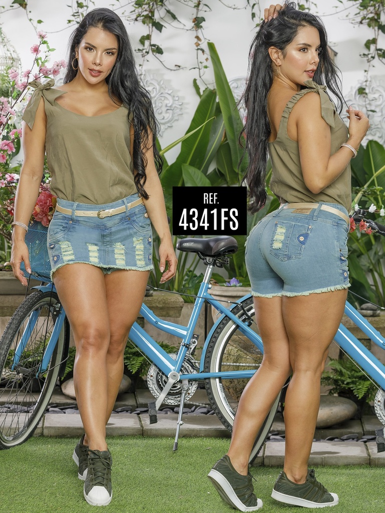 [5024341CK05] Falda Short Levantacola de Jean Azul Claro Plisada con Bota Deshilachada