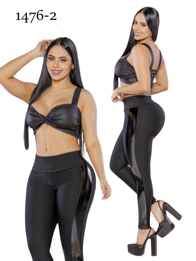 Leggings Efecto Cuero con Panel Lateral Negro para Mujer 1476-2