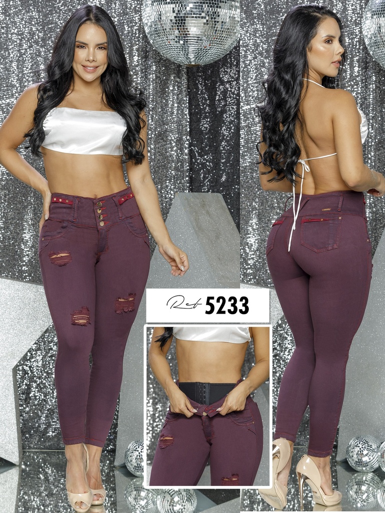 Jeans Levantacola Skinny Morado Ciruela con Faja Interna