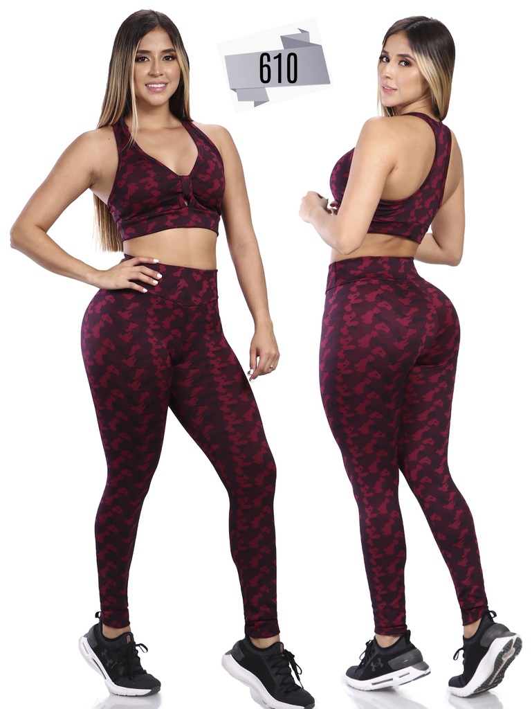 [349610L] Women's Burgundy Printed Sports Bra & Leggings Activewear Set 610