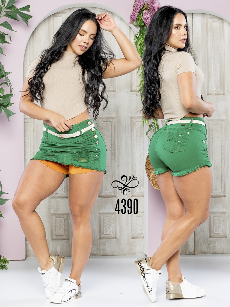 [267439007] Falda Short Levantacola de Jean Verde con Bota Deshilachada