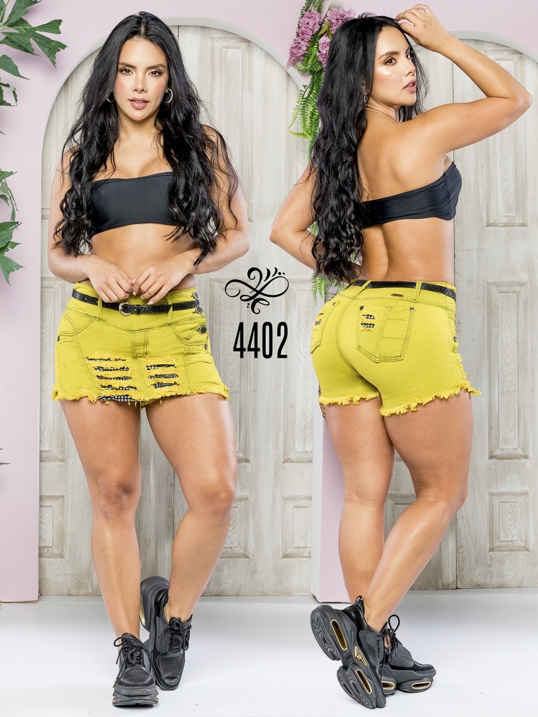 Falda Short Levantacola de Jean Amarillo Lima Desgastada