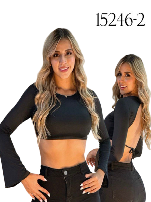 Crop Top Manga Larga Espalda Abierta Negro para Mujer 15246-2