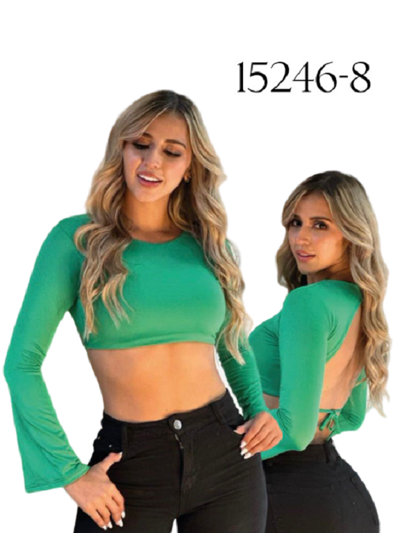 Women's Green Open-Back Long-Sleeve Crop Top 15246-8