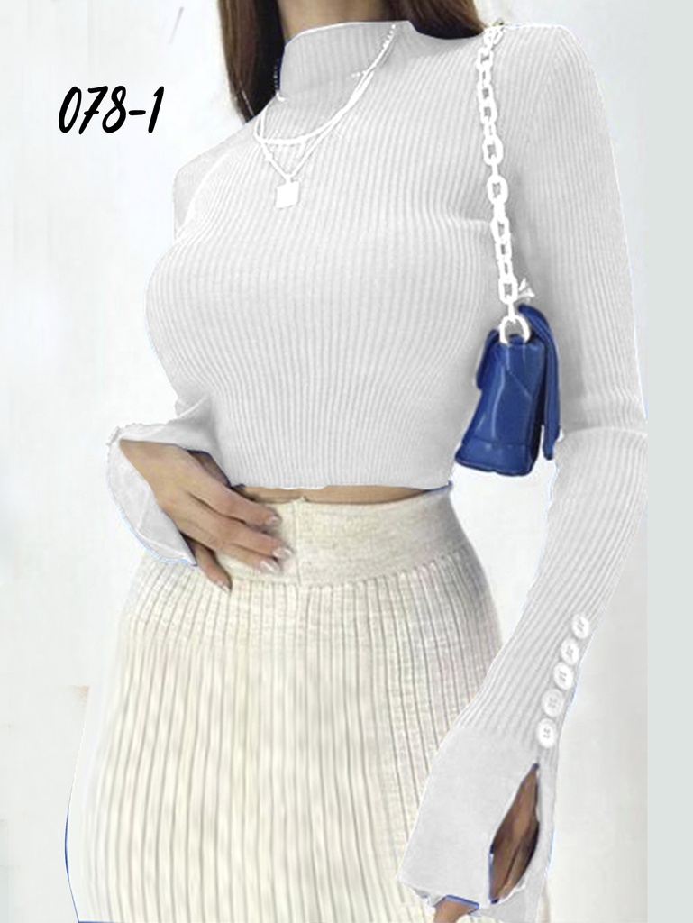 [3540781] Ribbed Turtleneck Crop Sweater – Long Sleeve, White