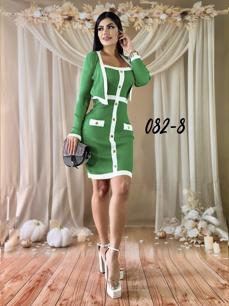 Women's Green Knit Mini Dress with White Trim and Faux Pockets
