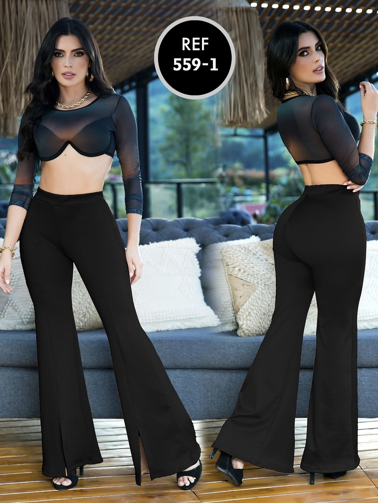 [1075591L] Women's Black High-Waisted Flare Pants with Wide Waistband – Style 559-1