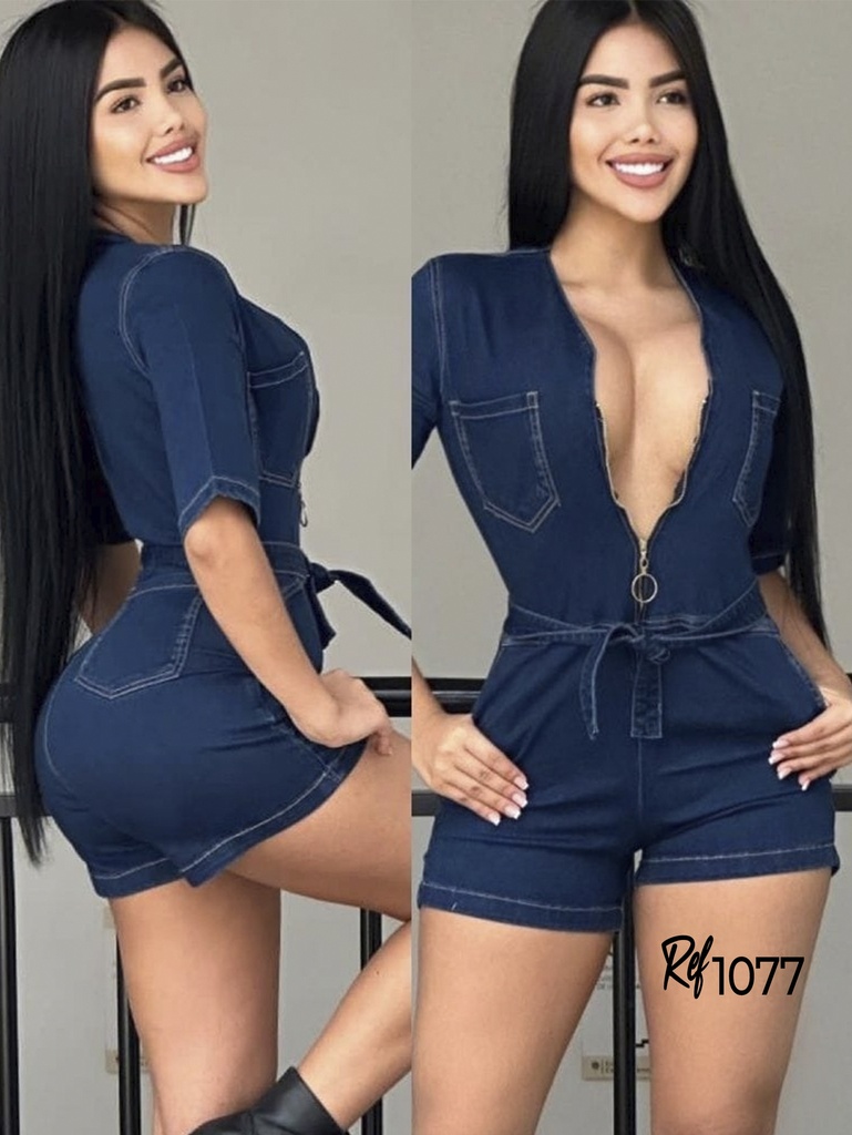 Enterizo Corto de Jean Azul Oscuro con Cremallera Frontal, Escote Profundo y Cinturón