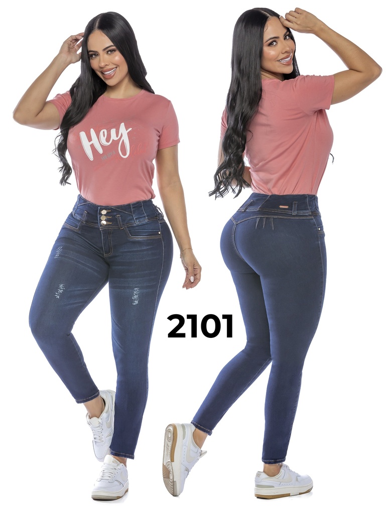 Jeans Skinny Levantacola Desgastados Azul Grisáceo para Mujer 2101