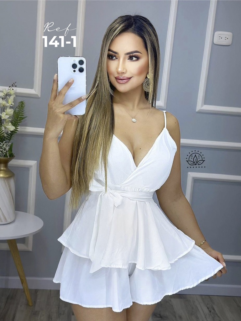 Women's White Tiered Ruffle Mini Dress with Plunging V-Neck