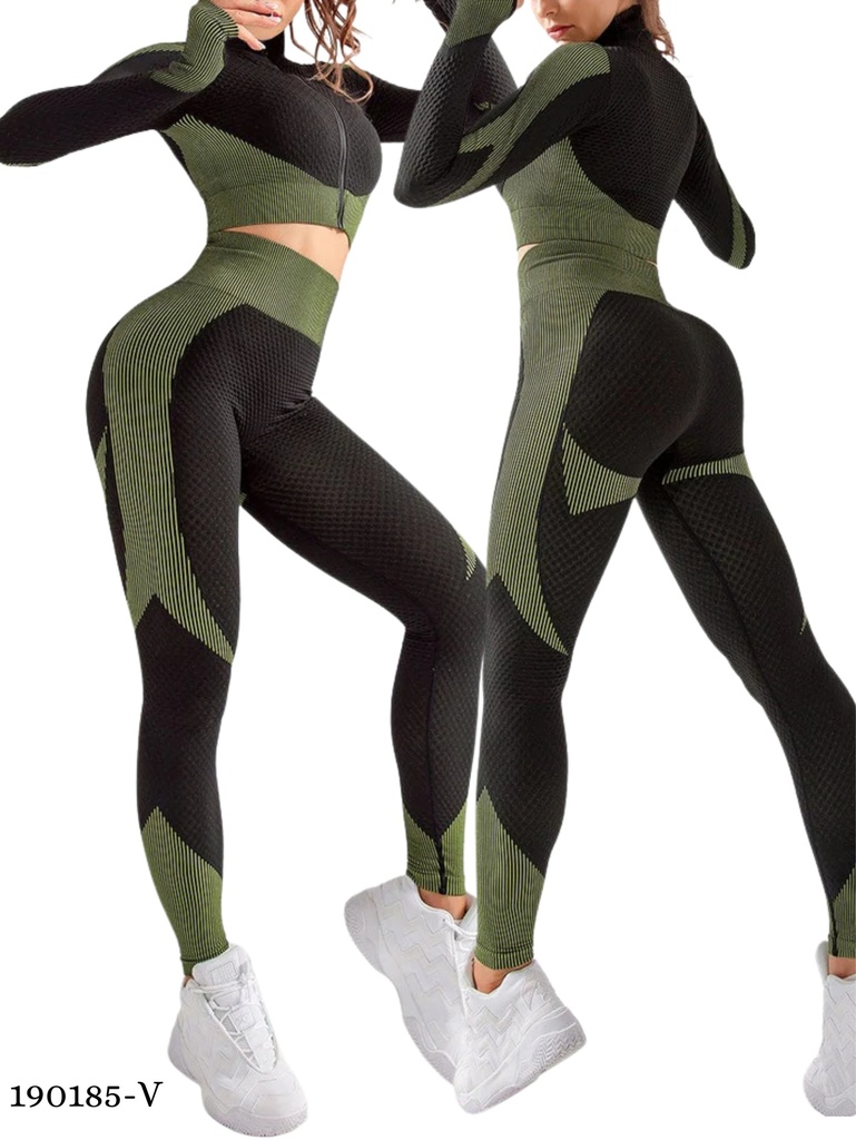 Women's Olive Green & Black Zip Jacket & Leggings Activewear Set 190185-V