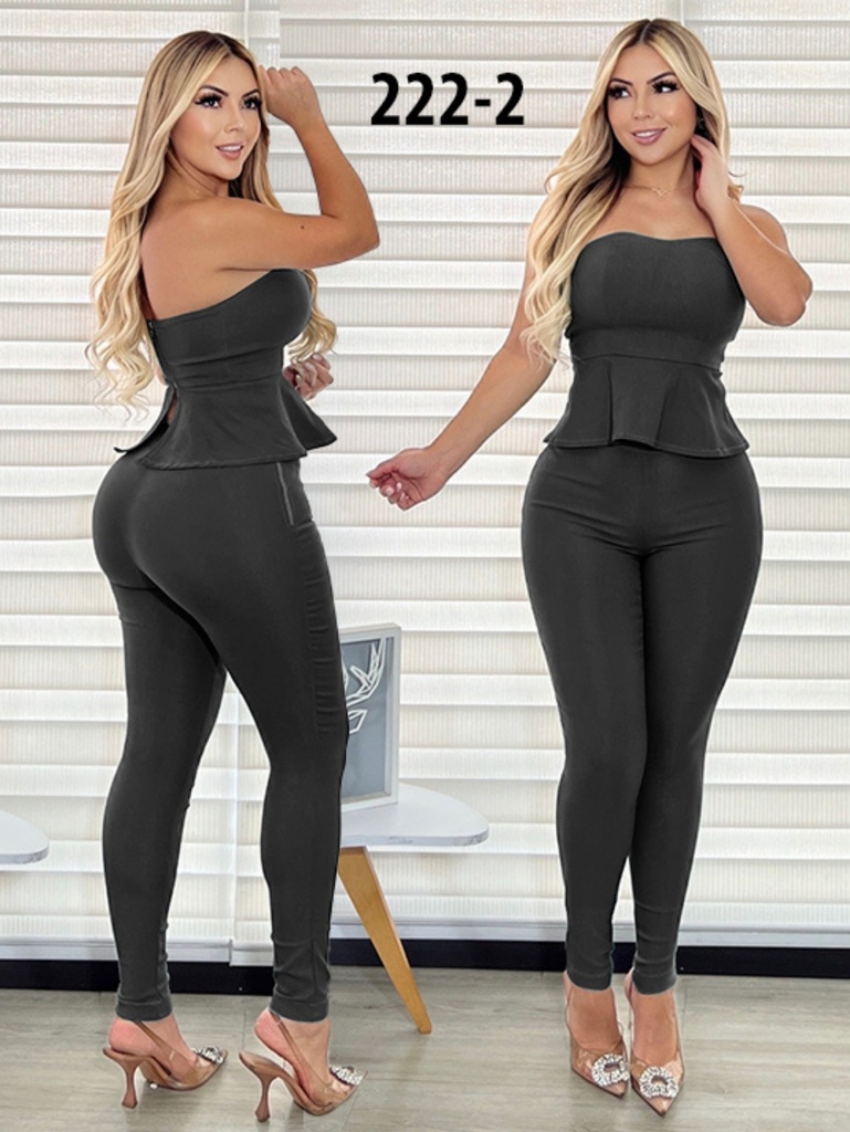 Conjunto de 2 Piezas Top Peplum y Leggings Gris Oscuro para Mujer 222-2