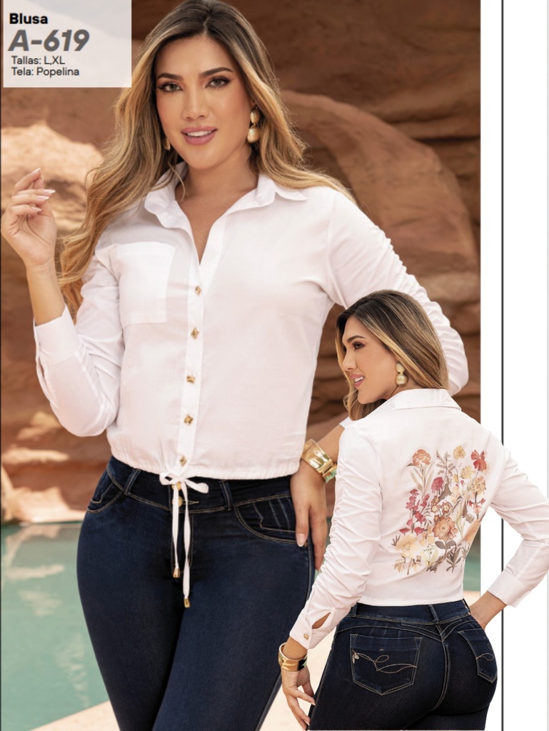 Women's White Button-Up Long-Sleeve Blouse A-619