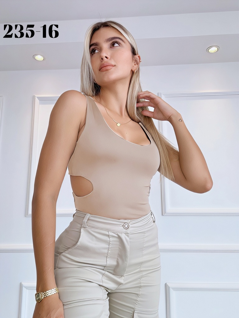 Colombian Cutout Bodysuit – Sleeveless Scoop Neck, Beige