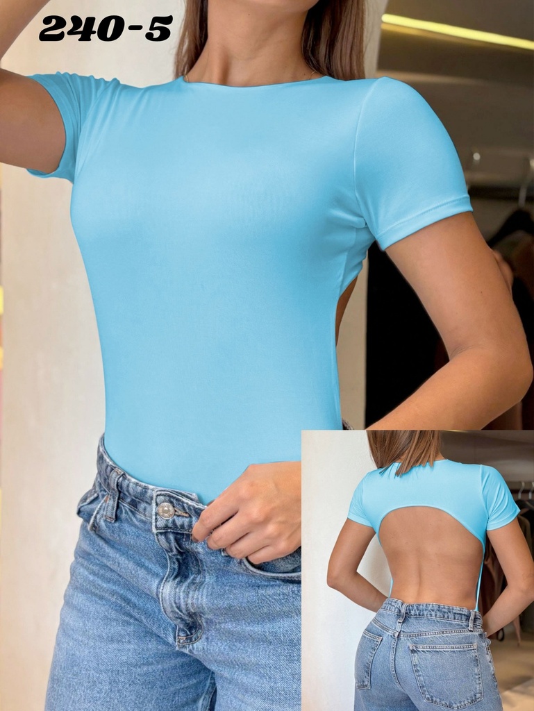 [3772405] Colombian Open Back Bodysuit – Short Sleeve, Sky Blue