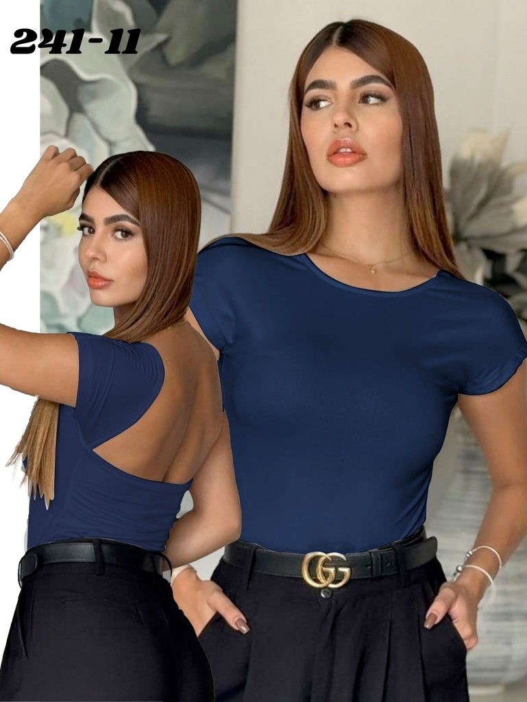 [37724111] Colombian Open Back Bodysuit – Short Sleeve, Navy Blue