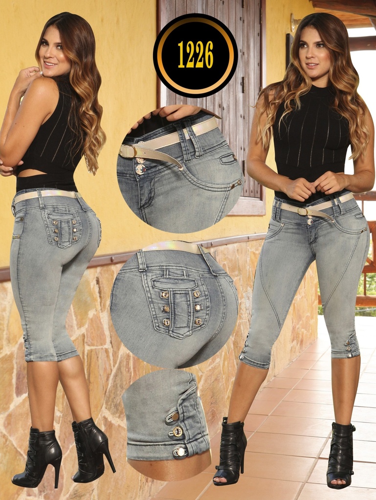 Capri Jean Levantacola Gris Azulado Desteñido con Bolsillos de Botones – Thaxx Boutique