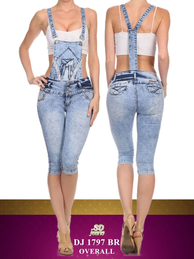 Women's Light Wash Denim Overall Capri Jumpsuit DJ-1797