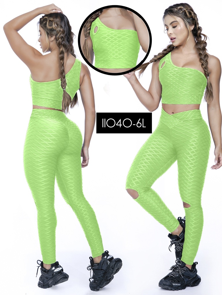 [10711040L6LM] Women's Neon Green Thaxx Activewear Set – Crop Top and High-Waisted Leggings (M)