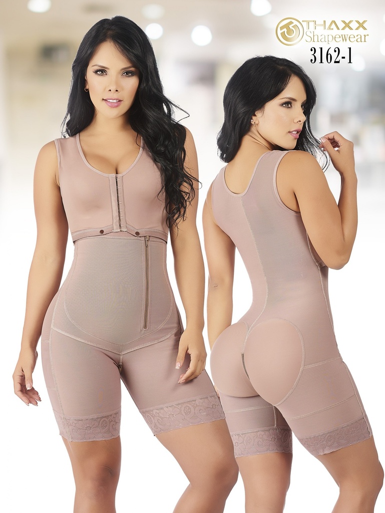 [1373162S1] Women's Mocha Colombian Post-Surgical Faja with Front Closure and Lace-Trim Legs (S)