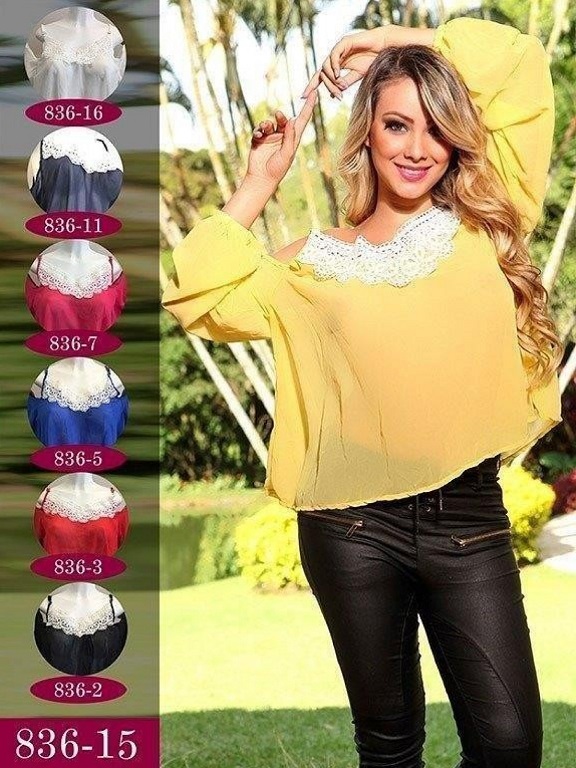 [2408361] Women's Yellow Chiffon Lace Collar Blouse 836-15 Style B