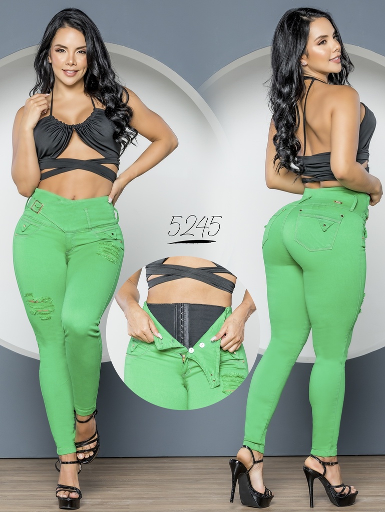 Jeans Levantacola Skinny Verde Brillante con Faja Interna