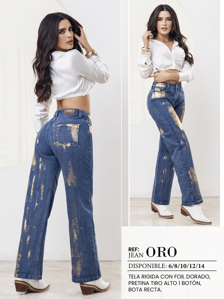 [289ORO07] Women's Medium Wash Straight-Leg Butt-Lifting Jeans with Gold Foil Detail (7)