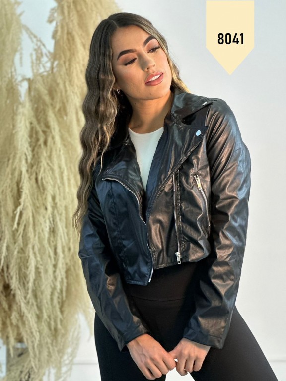[3508041M] Women's Black Faux Leather Moto Jacket 8041 (M)