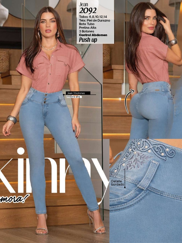 Women's Light Blue Skinny Butt Lift Embroidered Jeans 2092