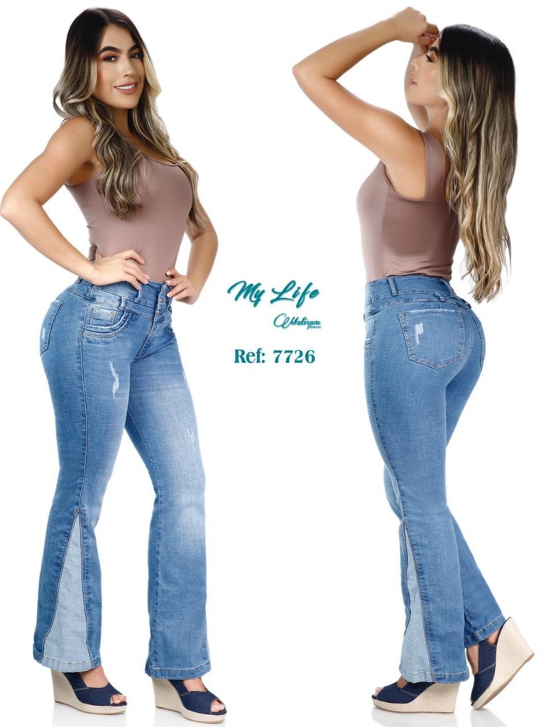 Jeans Flare Panel Lateral Levantacola Lavado Claro para Mujer 7726