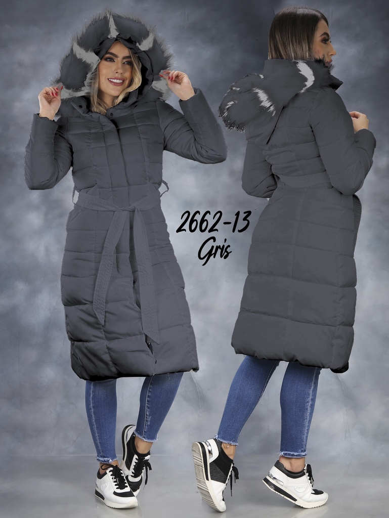 [364266213M] Women's Gray Puffer Jacket – Long Hooded Winter Coat with Faux-Fur Trim – Style 2662-13 (M)