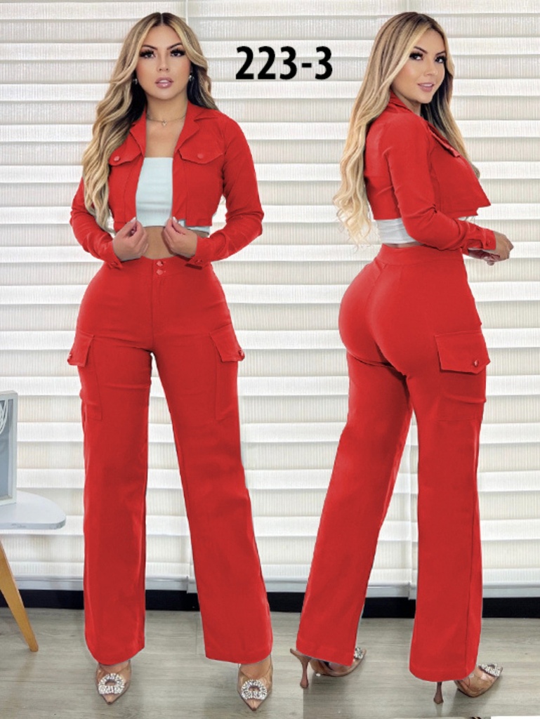 [3772233S/M] Women's Red Cropped Jacket & Cargo Pants Two-Piece Set 223-3 (S/M)