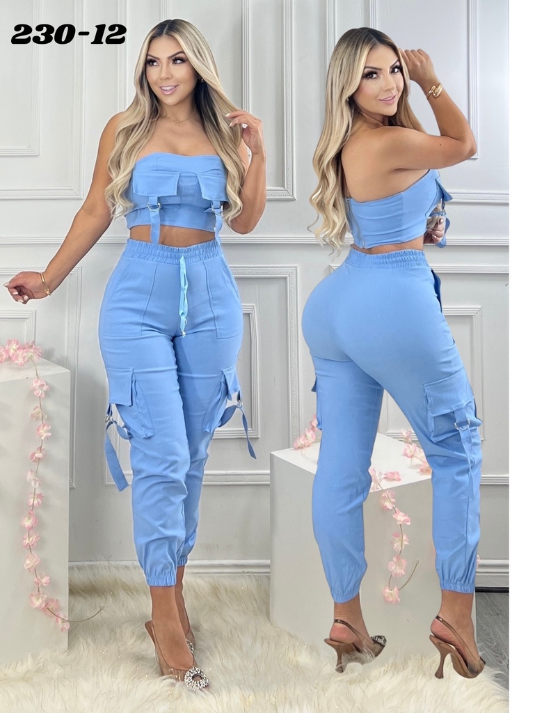 Conjunto de 2 Piezas Top y Pantalón Cargo Jogger Azul Claro para Mujer 230-12