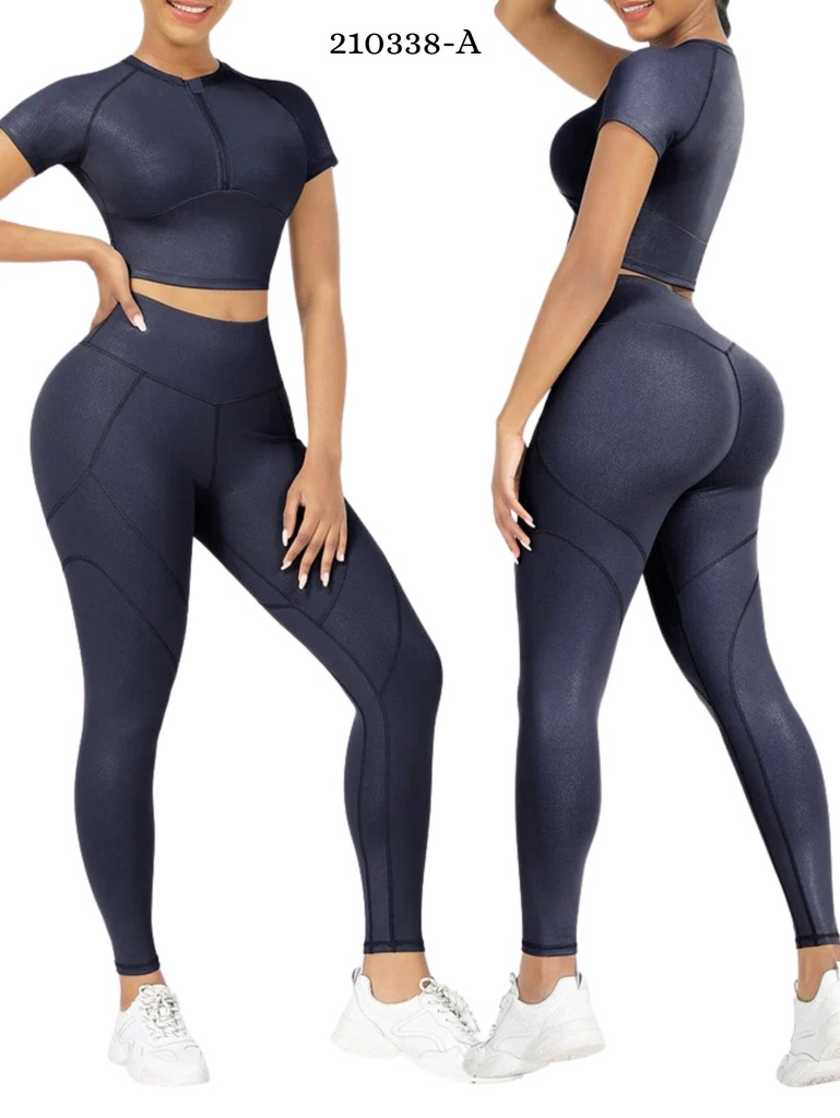[386210338AS] Women's Charcoal Short-Sleeve Crop Top & Leggings Activewear Set 210338-A (S)