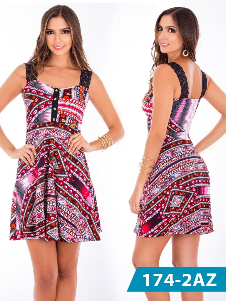 Vestido Corto Campana Estampado Geométrico Rosa para Mujer 174-2AZ