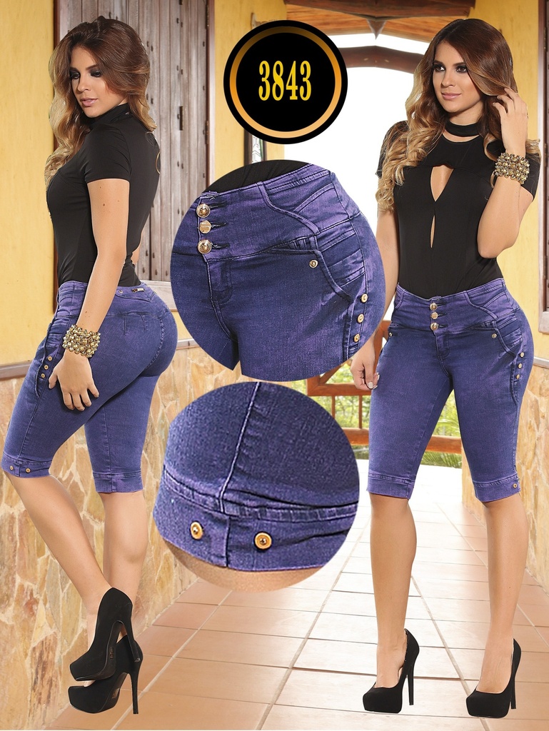 [502384301] Women's Indigo Denim Knee-Length Butt Lift Shorts 3843 (1)